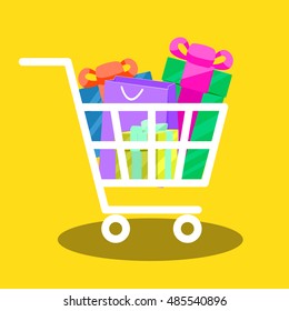 Shopping cart full of gift boxes vector. Market cart illustration.