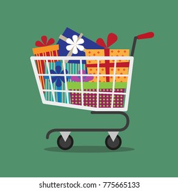 Shopping cart full of gift boxes. Vector illustration.