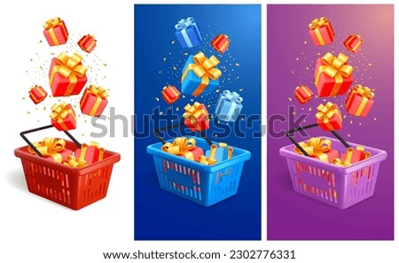 Shopping cart full of gifts. Realistic 3d gift boxes fly and fall to shopping cart. Set of different colors, red, blue, pink, isolated on white background. Vector illustration
