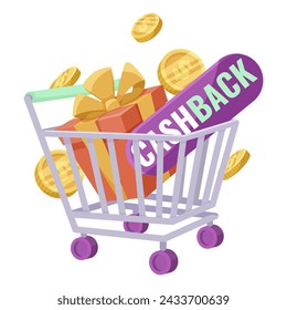 A shopping cart full of gold coins and purple sign that says Cashback. Concept of shopping cart filled with valuable items and opportunity to receive reward for making purchase. Vector illustration
