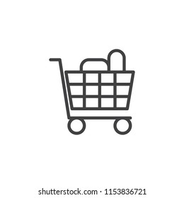 Shopping cart full of groceries products outline icon. linear style sign for mobile concept and web design. shopping trolley simple line vector icon. Symbol, logo illustration. Pixel perfect vector