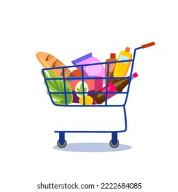 Shopping cart full of grocery items and food, isolated on white background. Supermarket trolley icon in flat style.Retail graphic concept. Vector illustration.