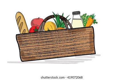 Shopping cart full of healthy organic fresh and natural food. vector illustration
