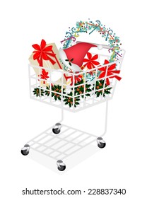 A Shopping Cart Full with Holly Twig, Christmas Wreath, Santa Hat and Gift Box for Christmas Celebration. 