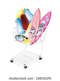 A Shopping Cart Full with Inflatable Boat or Inflatable Raft, Surfboards and Scuba Mask Isolated on White Background. 