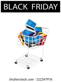 A Shopping Cart Full with Laptop Computer or Computer Notebook in Black Friday Shopping Season and Biggest Discount Promotion in A Year. 