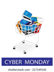 A Shopping Cart Full with Laptop Computer or Computer Notebook in Cyber Monday Shopping Season and Biggest Discount Promotion in A Year. 