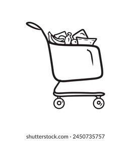 Shopping cart full of products: banana, bottle, snacks, fruits and vegetables in black isolated on white background. Hand drawn vector sketch illustration in doodle engraved line art vintage style.