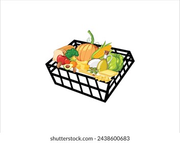 Shopping cart full of products inside a supermarket,Shopping supermarket cart with grocery pictogram,Top view of assortment of vegetables in paper bag,Basket full of vegetables,
