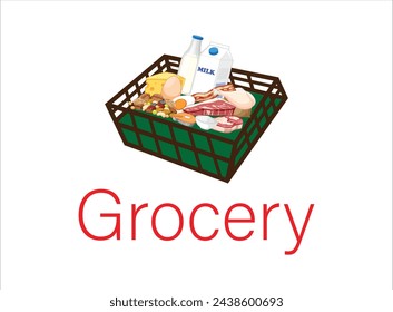 Shopping cart full of products inside a supermarket,Shopping supermarket cart with grocery pictogram,Top view of assortment of vegetables in paper bag,Basket full of vegetables,
