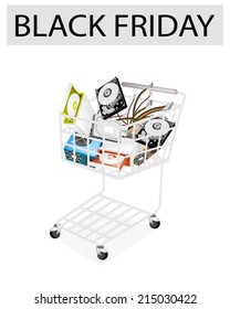 A Shopping Cart Full with Set of Hardware Computer for Black Friday Shopping Season and Biggest Discount Promotion in A Year. 