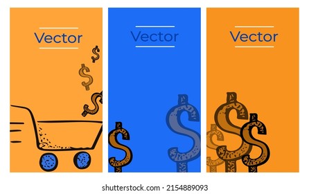 Shopping cart full of us dollars sketch vector set of illustrations. Sales basket hand drawn vertical background