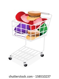 A Shopping Cart Full with Various Colors Hats and Helmet Isolated on White Background. 