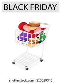 A Shopping Cart Full with Various Colors Hats and Helmet for Black Friday Shopping Season and Biggest Discount Promotion in A Year. 