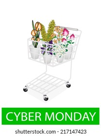 A Shopping Cart Full with Various Type of of Beautiful Flower and Orchid for Cyber Monday Shopping Season and Biggest Discount Promotion in A Year. 