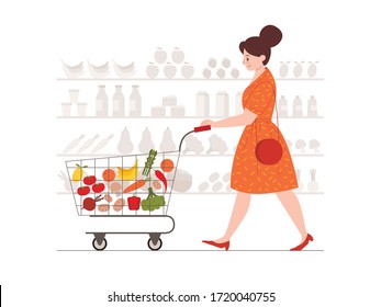 Сute womаn with shopping cart full of vegetables and fruits in grocery store. 
Girl shopping in a supermarket.
Vector illustration in a flat cartoon style on a white background.
