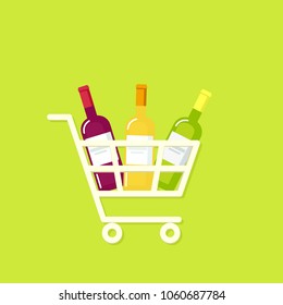 Carrito de compras lleno de vino. Imagen de vector aislada en fondo verde