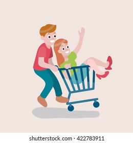 shopping cart with funny man and woman charactor vector eps10.