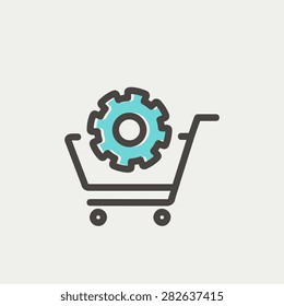 Shopping cart with gear icon thin line for web and mobile, modern minimalistic flat design. Vector icon with dark grey outline and offset colour on light grey background.