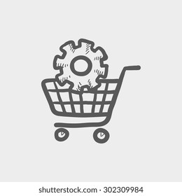 Shopping cart with gear sketch icon for web and mobile. Hand drawn vector dark grey icon on light grey background.