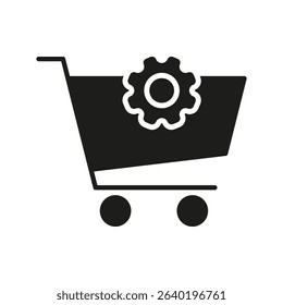 Shopping Cart With Gear Solid Icon. E-Commerce Optimization, Online Shopping Configuration, And Retail Management Silhouette Symbol. Digital Marketplace Enhancement. Isolated Vector Illustration.