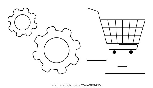 Shopping cart and gear symbols in simple line art. Ideal for e-commerce, automation, retail management, efficiency, and technology. Clean and modern visual style