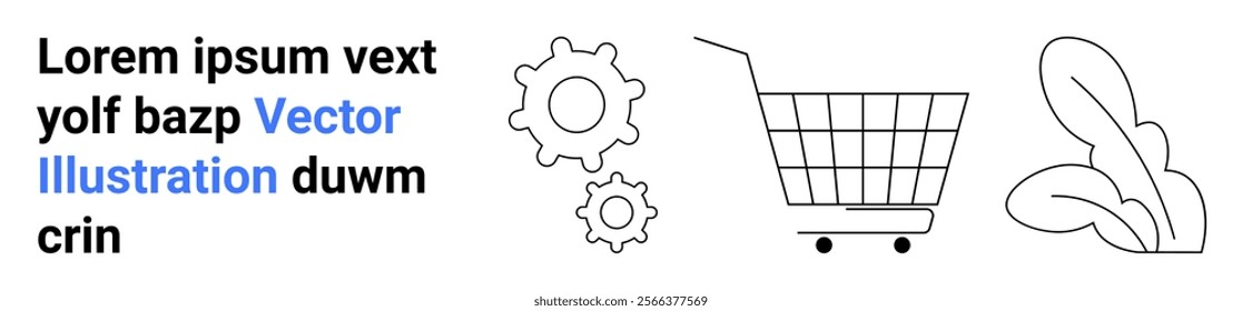Shopping cart, gears, and leaves illustrate e-commerce, technology, and sustainability themes. Lorem ipsum placeholder text. Ideal for online shopping, e-commerce, tech solutions, eco-friendly