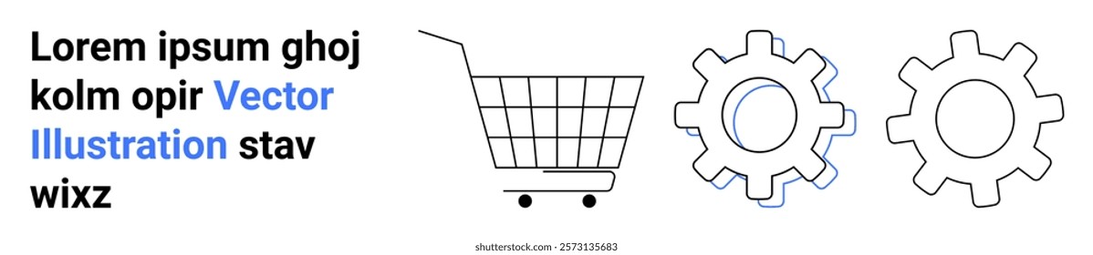 Shopping cart and gears represent e-commerce and automation, Ideal for online shopping, technology integration, business development, digital marketing, and process optimization. Banner for landing