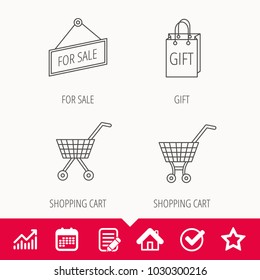Shopping cart, gift bag and sale icons. For sale linear sign. Edit document, Calendar and Graph chart signs. Star, Check and House web icons. Vector