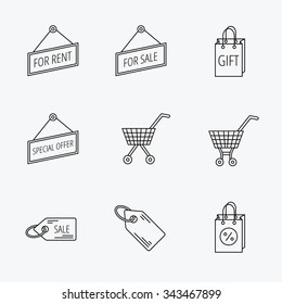 Shopping cart, gift bag and sale coupon icons. Special offer label linear signs. Discount icon. Linear black icons on white background.