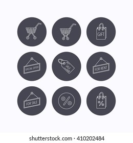 Shopping cart, gift bag and sale coupon icons. Special offer label linear signs. Discount icon. Flat icons in circle buttons on white background. Vector