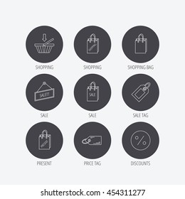 Shopping cart, gift bag and sale coupon icons. Special offer label linear signs. Discount icon. Linear icons in circle buttons. Flat web symbols. Vector