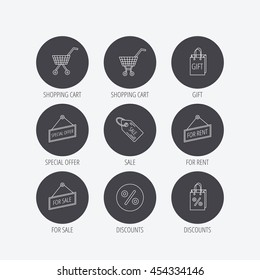 Shopping cart, gift bag and sale coupon icons. Special offer label linear signs. Discount icon. Linear icons in circle buttons. Flat web symbols. Vector