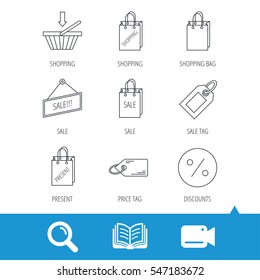Shopping cart, gift bag and sale coupon icons. Special offer label linear signs. Discount icon. Video cam, book and magnifier search icons. Vector