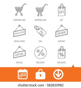 Shopping cart, gift bag and sale coupon icons. Special offer label linear signs. Discount icon. Download arrow, locker and calendar web icons. Vector