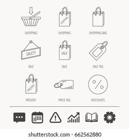 Shopping cart, gift bag and sale coupon icons. Special offer label linear signs. Discount icon. Education book, Graph chart and Chat signs. Attention, Calendar and Cogwheel web icons. Vector