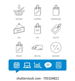 Shopping cart, gift bag and sale coupon icons. Special offer label linear signs. Discount icon. Report file, Graph chart and Chat speech bubble signs. Laptop and Calendar web icons. Vector