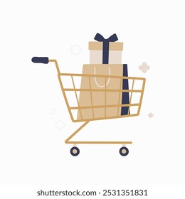 Shopping cart with gift box in flat vector illustration symbolizing holiday shopping, gift purchases, and online orders, isolated on white background.
