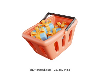 Shopping cart with gift box inside floating in mid-air. 3D shopping concept.
