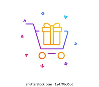 Shopping cart with Gift box line icon. Present or Sale sign. Birthday Shopping symbol. Package in Gift Wrap. Gradient line button. Shopping cart icon design. Colorful geometric shapes. Vector