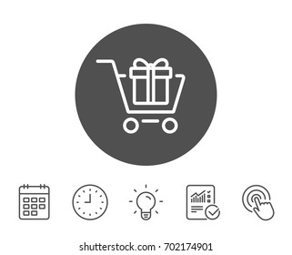 Shopping cart with Gift box line icon. Present or Sale sign. Birthday Shopping symbol. Package in Gift Wrap. Report, Clock and Calendar line signs. Light bulb and Click icons. Editable stroke. Vector