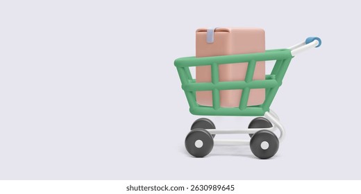 Shopping Cart with Gift Box in Minimal 3D Style. Ideal for Online Store, Delivery, Retail and E-Commerce Design Concepts. Clean and Isolated Look. Vector Illustration.