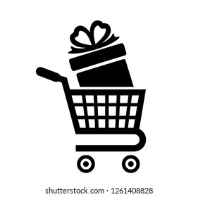 Shopping cart and gift box. Vector illustration