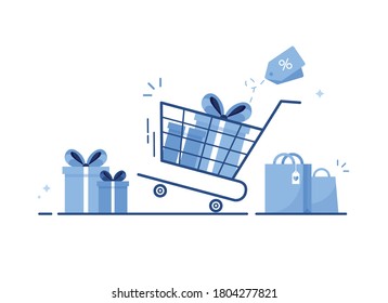 Shopping cart with gift boxes, shopping bag. Presents with bow and ribbon. E-shop. Sale, coupon and discount. Fast home delivery, goods order and purchase. Flat style. Blue. Eps 10