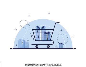 Shopping cart with gift boxes and bag. E-shop. Online shopping. Ordering and delivery of presents to home via the internet. Flat style. Blue. Eps 10