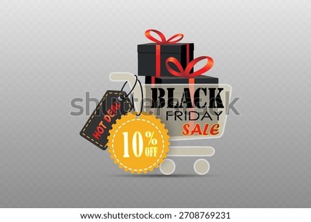 Shopping cart with gift boxes and discount tag during Black Friday sale.