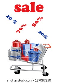 Shopping cart  with gift boxes isolated on white background. Vector illustration