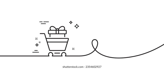 Shopping cart with gift line icon. Continuous one line with curl. Customer trolley sign. Supermarket sale symbol. Shopping trolley single outline ribbon. Loop curve pattern. Vector