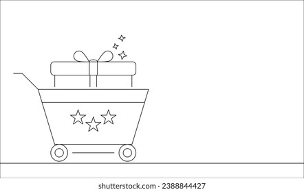 Shopping cart with gift line icon. Continuous one straight line. Customer trolley sign. Supermarket sale symbol. Shopping trolley single outline ribbon. Vector