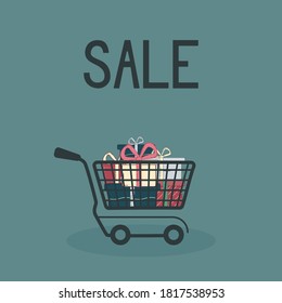 Shopping Cart with gifts, for purchases and sales. Vector illustration